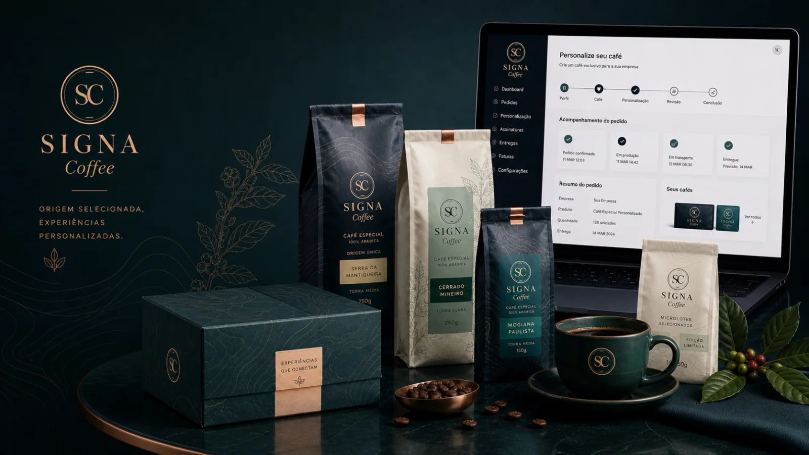 Embalagem de café Signa com a marca do cliente